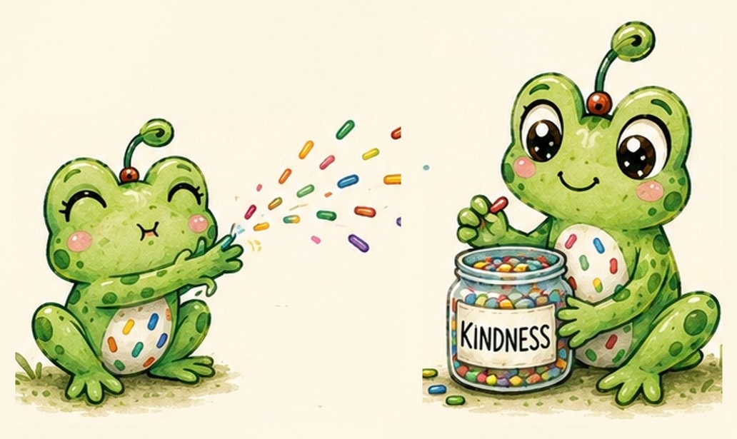 Minty the frog walking through pine woods carrying a BE KIND flag