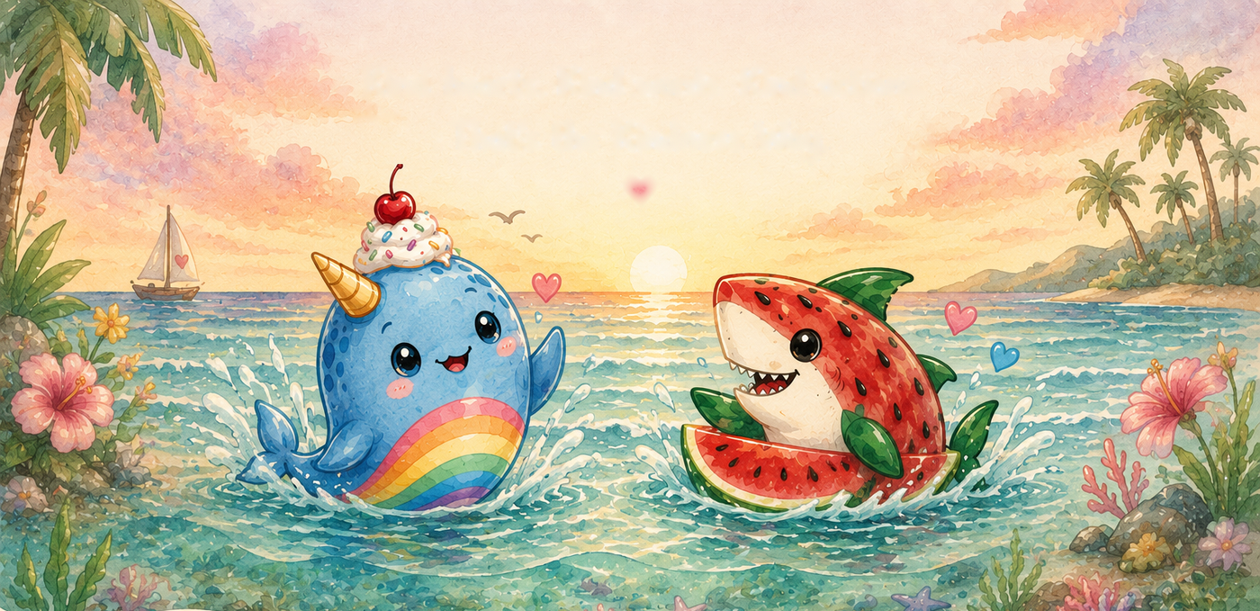 Watercolour sunset over the ocean, with a narwhal and a watermelon shark playing in the waves