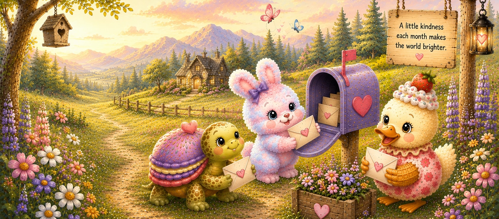 A bunny posting a letter into a mailbox, with a turtle and a duck carrying envelopes of their own