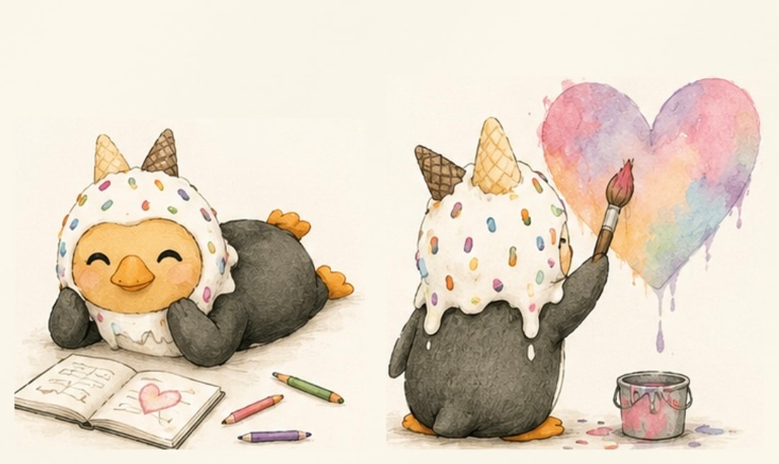 Bengie the penguin drawing in a notebook with crayons, and painting a heart