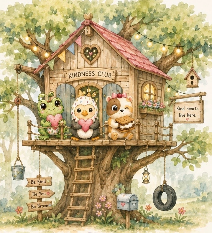 Watercolour illustration of a treehouse, with Minty, Bengie and Chip on its porch