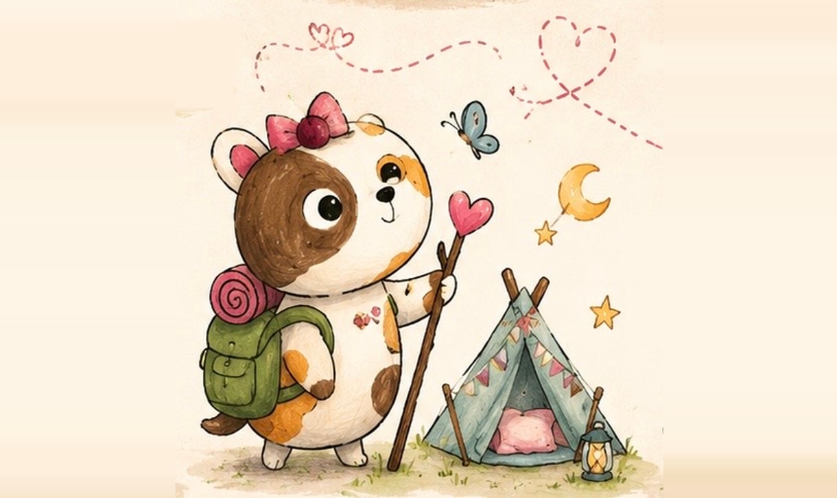 Chip the chipmunk hiking with a backpack and walking stick beside a mountain lake